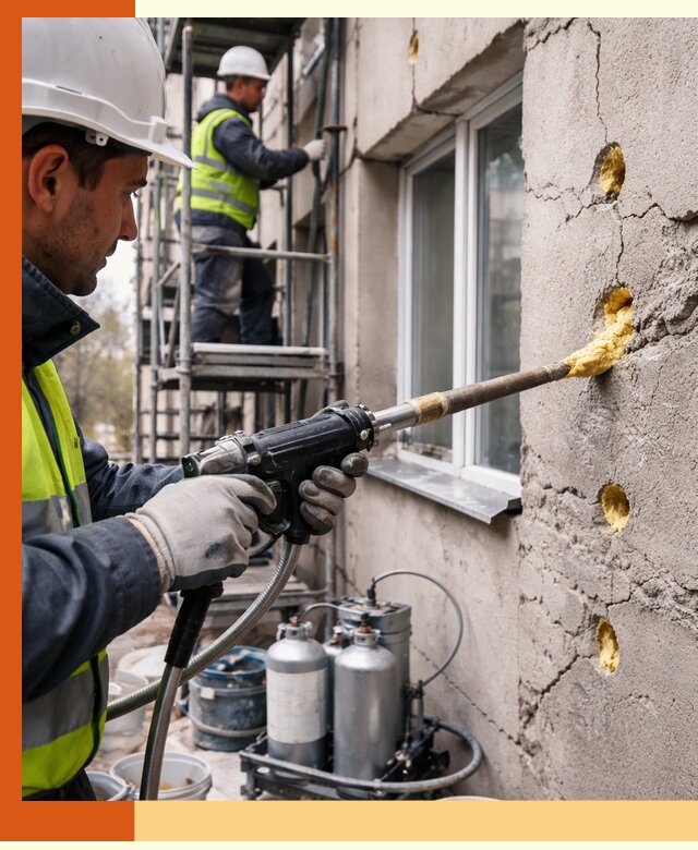 Заполнение пустот в фасаде и утепление стен в Арсеньеве